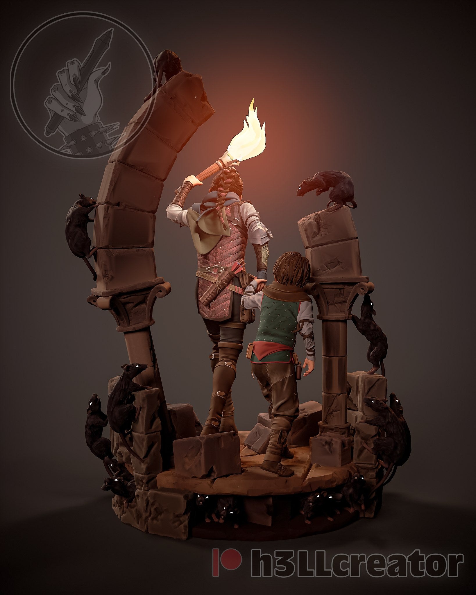 Amicia and Hugo (A Plague Tale) resin figure by h3LLcreator — studio render 2