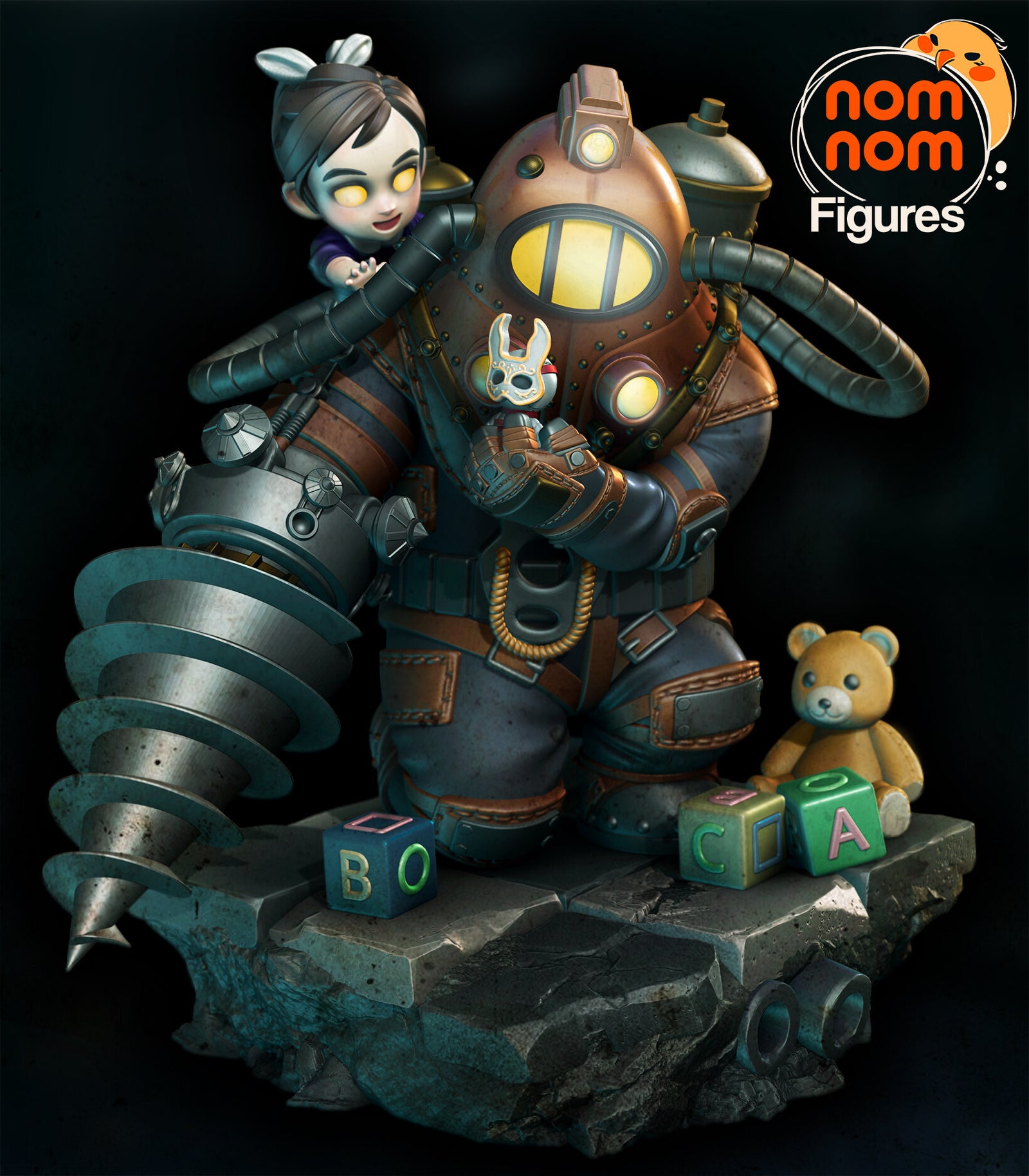 Big Daddy and Little Sister BioShock Chibi resin figure by NomNom Figures — studio preview 1
