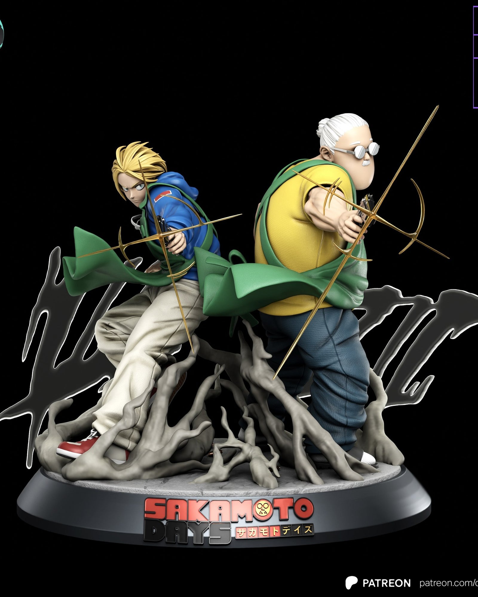 Taro Sakamoto and Shin Asakura (Sakamoto Days) resin figure by Kaidan 3D — studio render 2