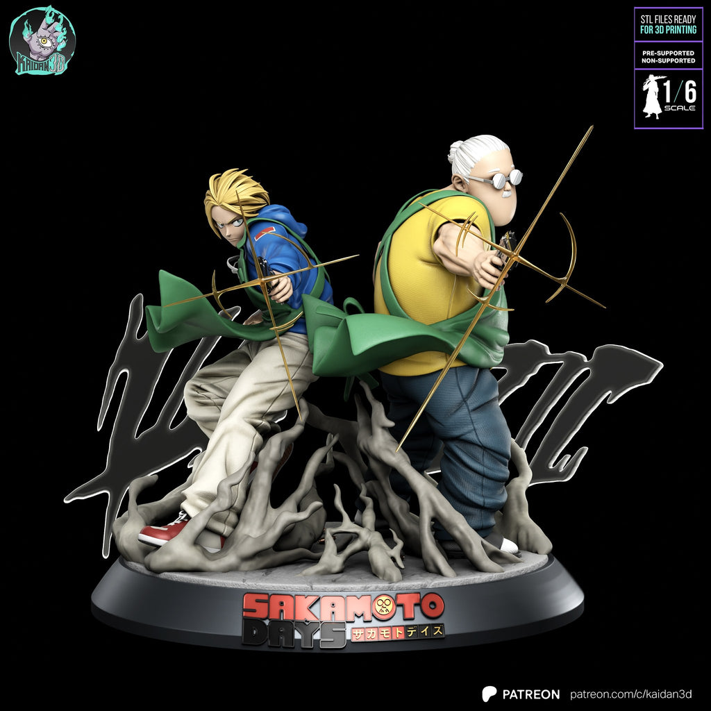 Taro Sakamoto and Shin Asakura (Sakamoto Days) resin figure by Kaidan 3D — studio render 2