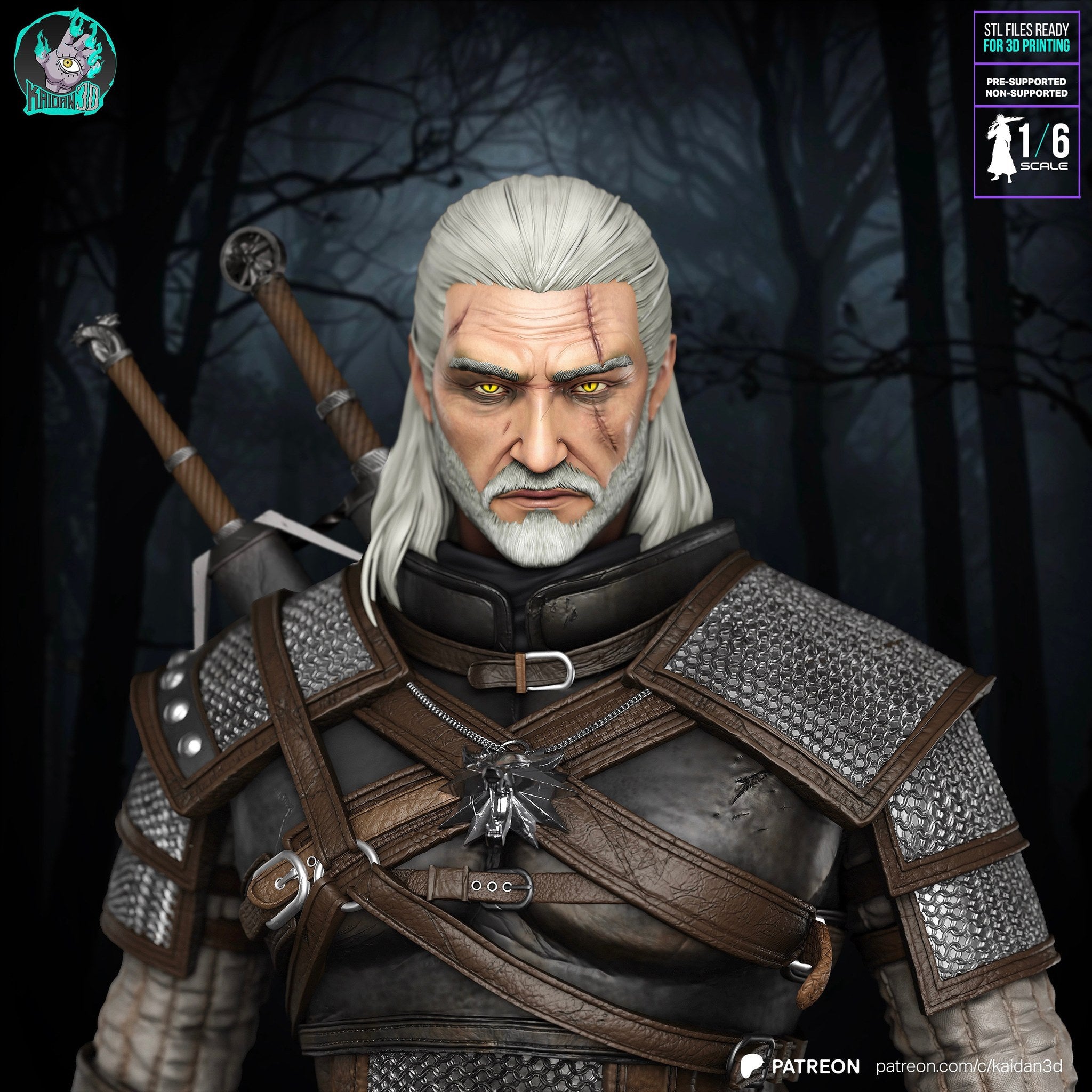Geralt of Rivia (The Witcher) resin figure by Kaidan 3D — studio render 1