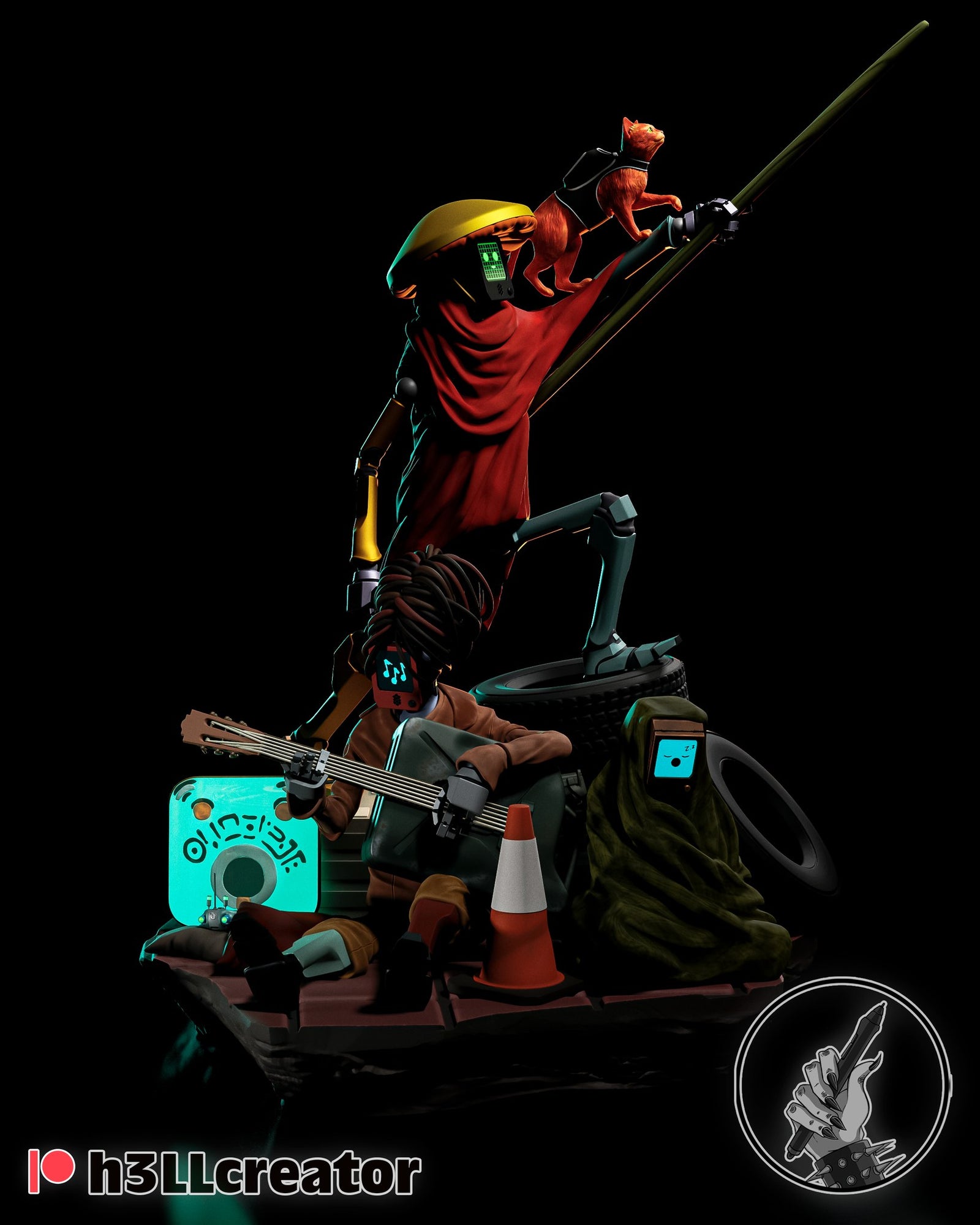 Cat and Robot Diorama (Stray) resin figure by h3LLcreator — studio render 1