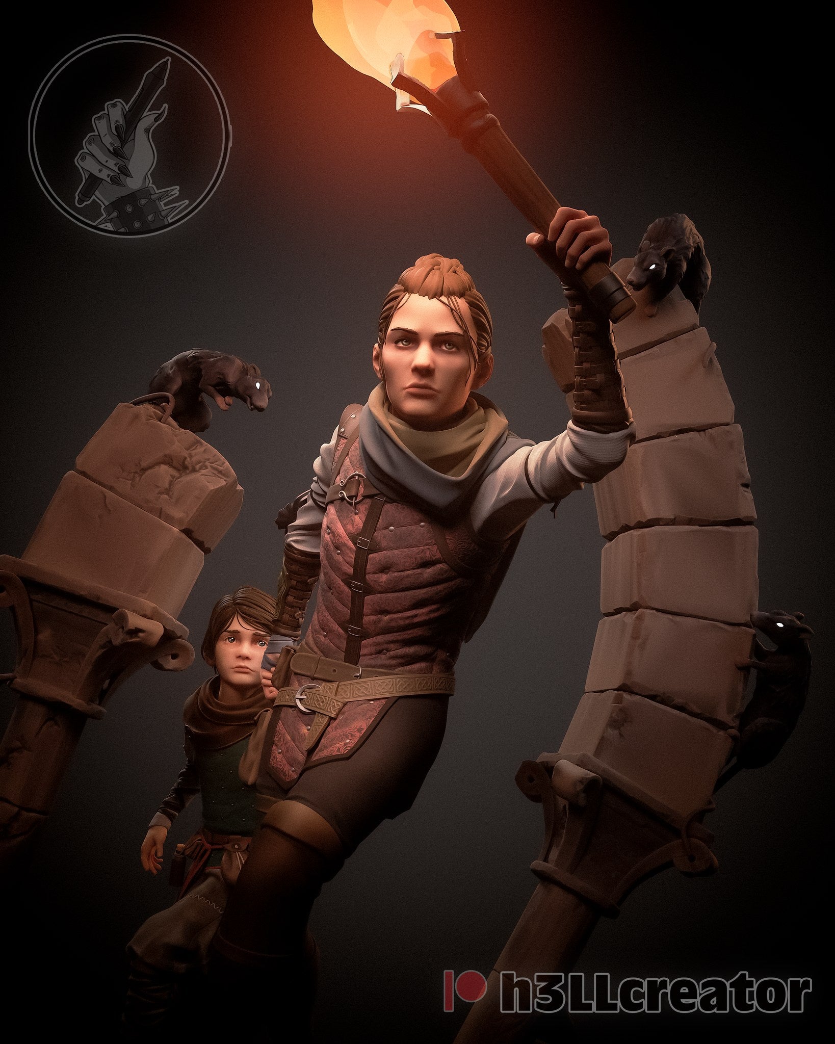 Amicia and Hugo (A Plague Tale) resin figure by h3LLcreator — studio render 3