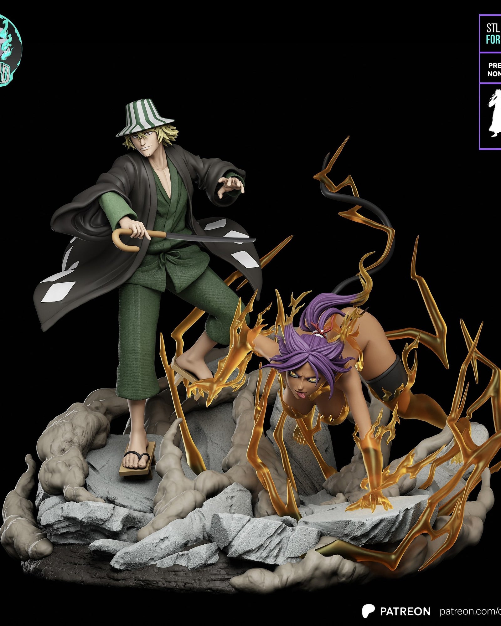 Urahara and Yoruichi (Bleach) resin figure by Kaidan 3D — studio render 2