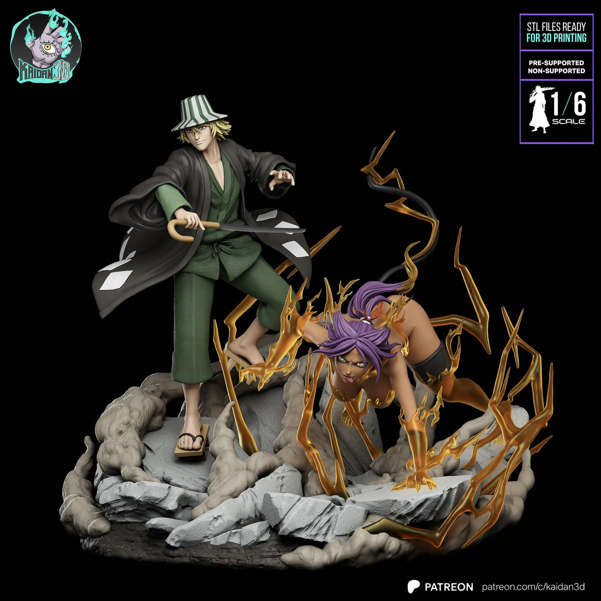 Urahara and Yoruichi (Bleach) resin figure by Kaidan 3D — studio render 2