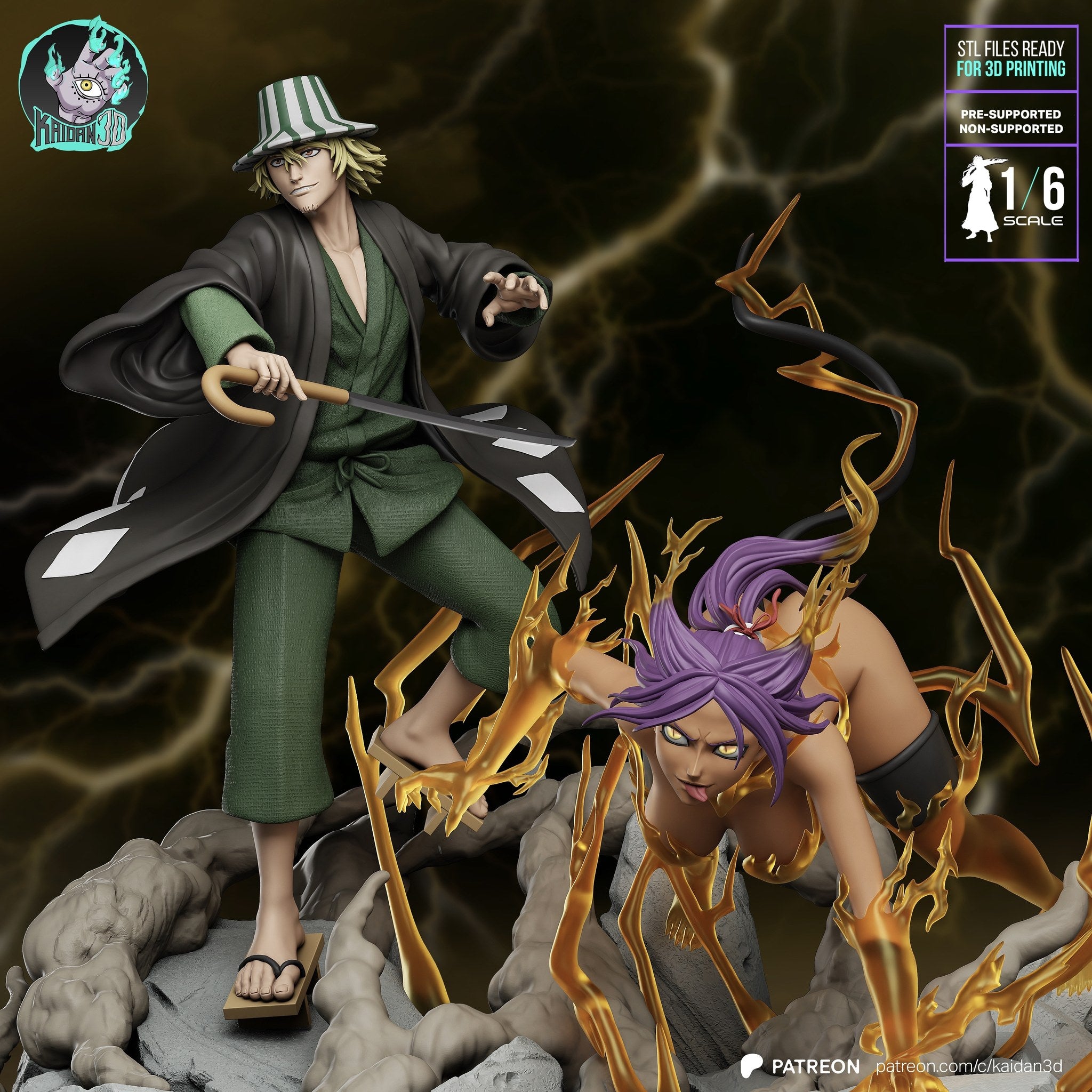 Urahara and Yoruichi (Bleach) resin figure by Kaidan 3D — studio render 1