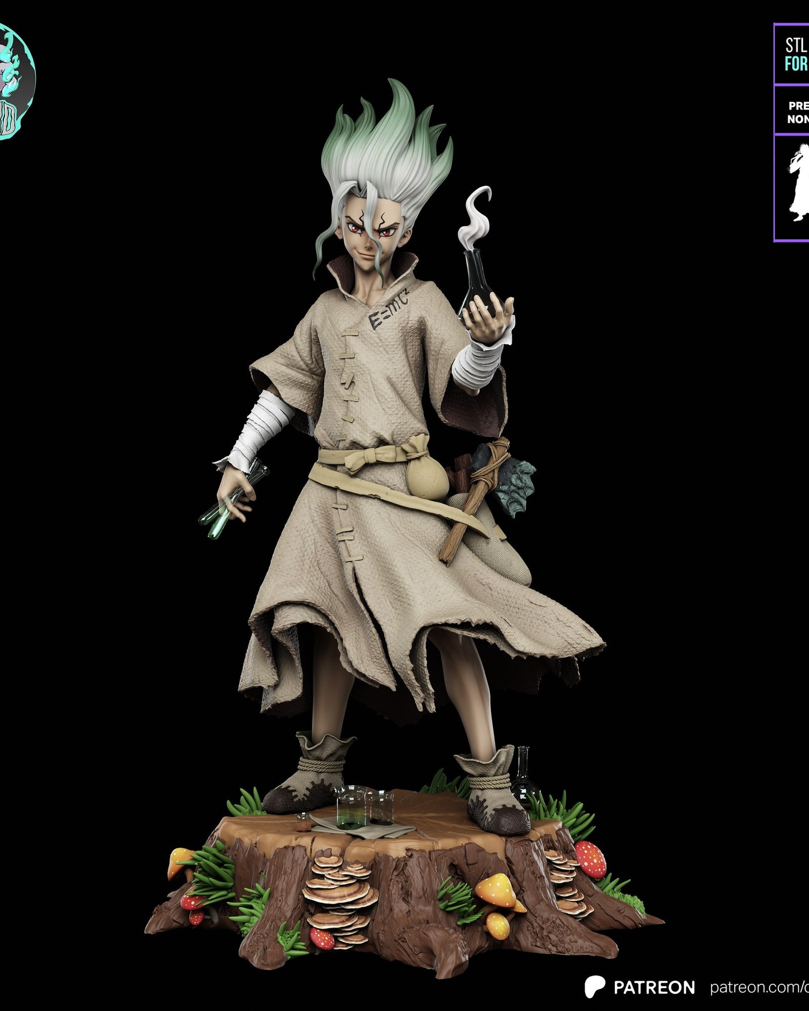 Senku Ishigami (Dr. Stone) resin figure by Kaidan 3D — studio render 2